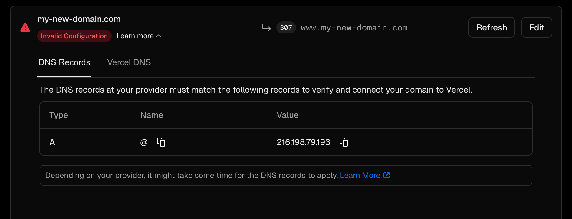 DNS configuration for an apex domain.