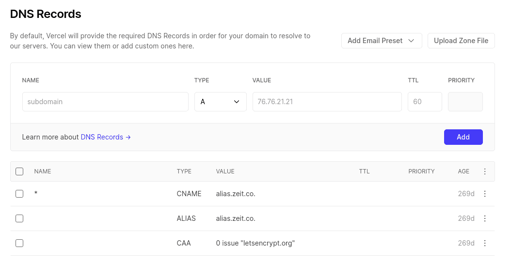 Vercel DNS Records UI