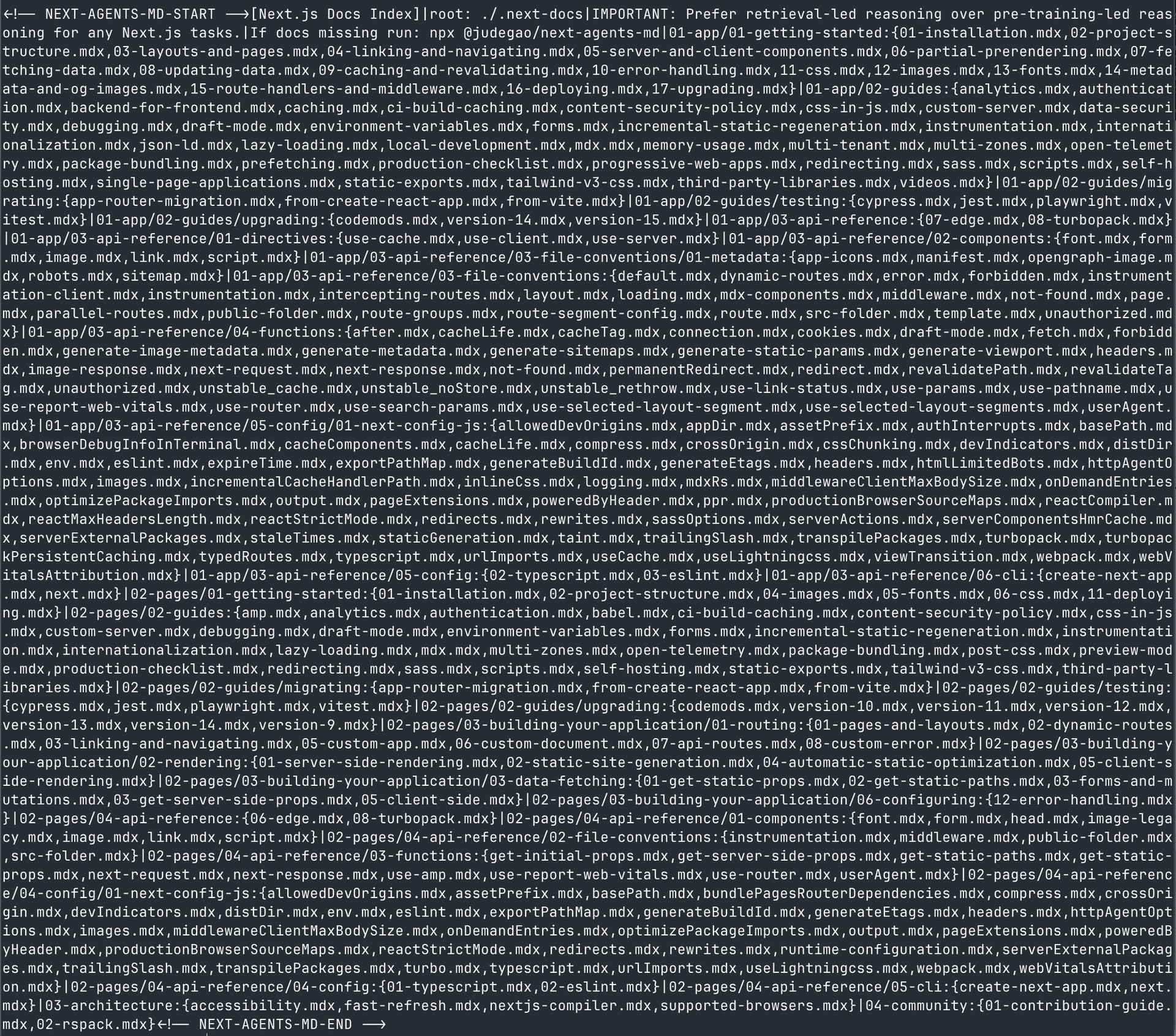 The full compressed docs index. Each line maps a directory path to the doc files it contains