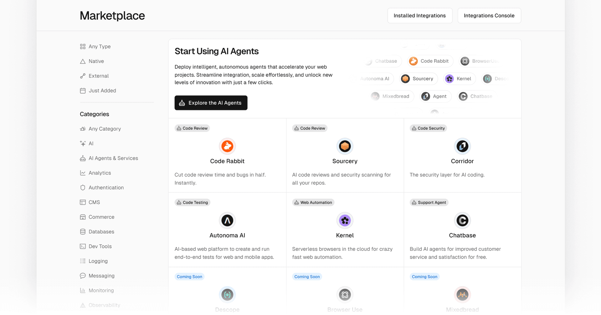 Explore AI Agents and services in the Vercel Marketplace.