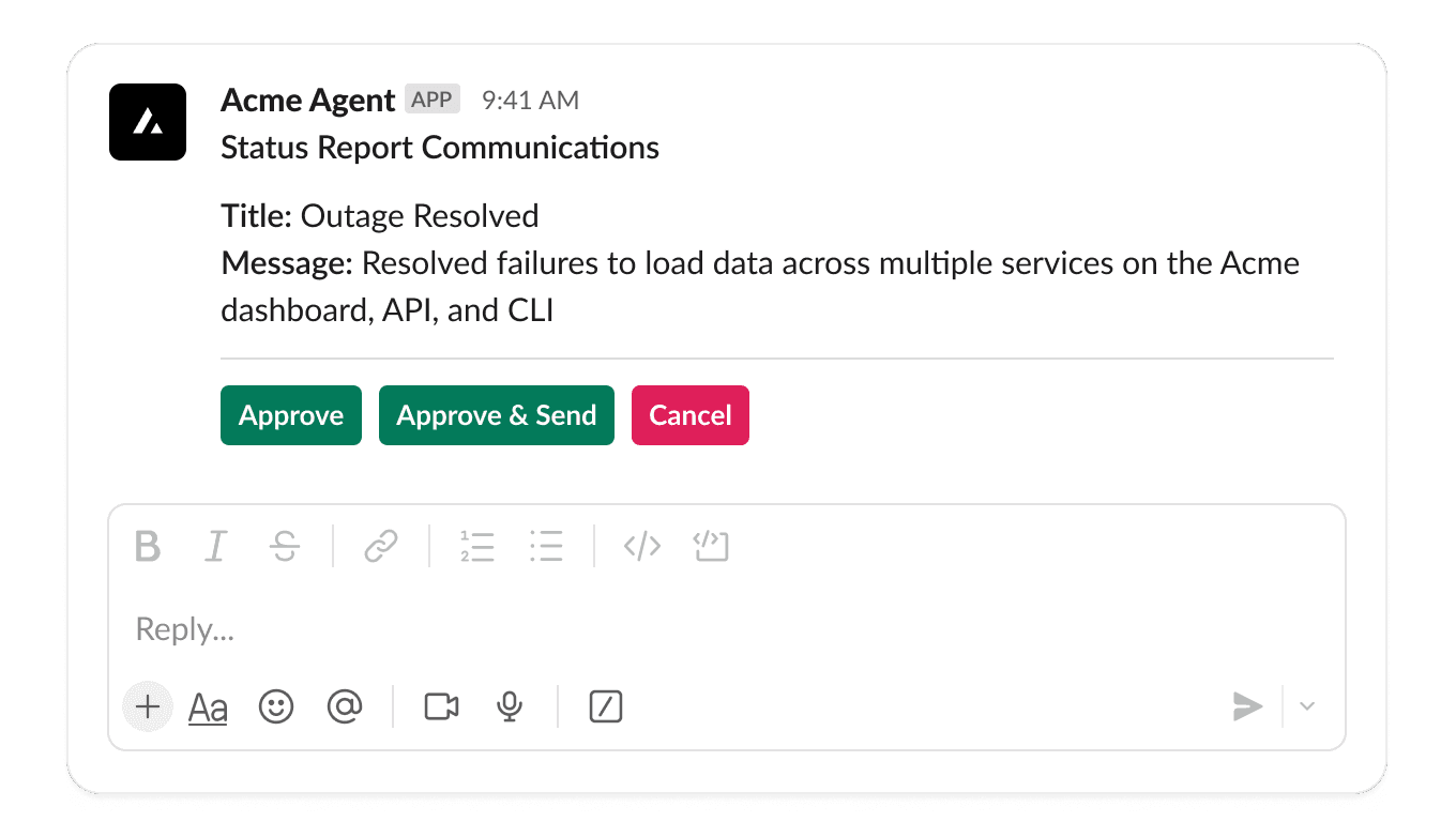 Example of a Slack approval card that requests your permission to send a status report